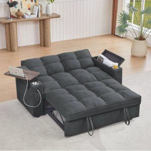 65'' 3-in-1 Folding Convertible Sofa Bed, Queen Size Pullout Sofa, Modern Chenille Fabric, 360° Swivel Side Table, Easy Assembly