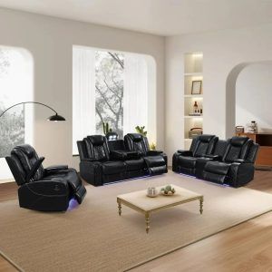 Power Reclining Sofa Set, Living Room Furniture Set With USB Ports, Leather Recliner Couches Set For Living Room, Theather Sofa