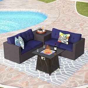 5 Pieces Patio Furniture Set with Fire Pit Outdoor Wicker Sofa Set with 2 Loveseat Patio Conversation Sets w/ Coffee Table