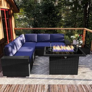 7 Pieces Patio Furniture Set with 44" Propane Gas Fire Pit Table, Sectional Wicker Conversation Sofa Sets with Coffee Table