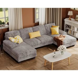 Sectional Couches for Living Room U-Shaped Sofa Couch with Linen Fabric 4 Seat Sofa Set with Double Chaise Sectional Sofa