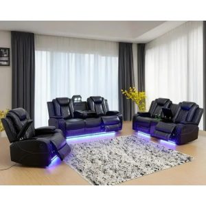 Leather Power Recliner Sofa Set, Living Room Sofas Set, Leather Sofa Set with USB Port Storage Console Cup Holder, Recliner
