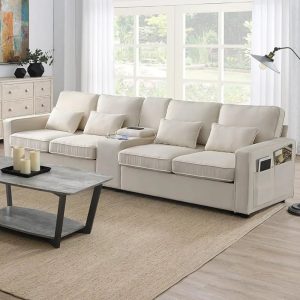 Upholstered Sectional Sofa with Console,114.2inch Linen Fabric 4-Seat Couch with 4 Pillows for Living Room, Apartment, Office,