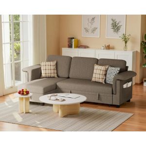 Pull Out Sofa Couch Bed with Storage Reversible Chaise, L-Shaped Sofa with Side Pocket for Living Room, Livings Rooms Sofas