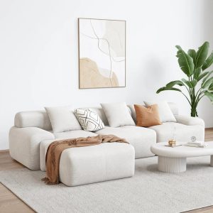 118" L-Shaped Modular Sectional Sofa, Corduroy Upholstery Beige, Oversized 3-Seater Couch with Deep Seat and Movable Ottoman