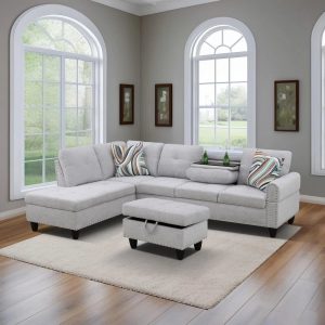 Linen 3-Piece Sofa Living Room Sofa Set with Storage Ottoman & Decorative Copper Nails,Reversible Coffee Table，Cup-Holder,Grey