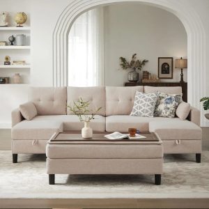 101" Convertible Sectional Sofa with Ottoman Coffee Table, Modern Linen Fabric U-Shaped Couch with Storage Pocket, 4 Seat Sofa C