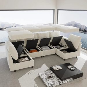 Cream White Chenille Oversized Modular Sectional Sofa with Storage and USB Chargers, Comfy Sectional Sofa with 6 Seats