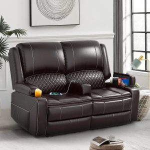 Loveseat Recliner Sofa, Manual Reclining Loveseat with Removable Armrest, Faux Leather Recliner Loveseat with 2-Tier Cushions