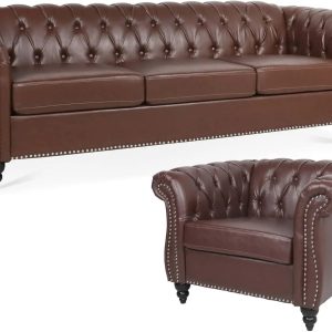84" Leather Chesterfield Sofas and Chair for Living Room Furniture Sets