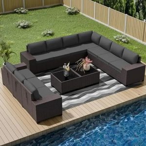 12-Piece All Weather Outdoor PE Wicker Patio Furniture Set Modular Conversation Sofa Sectional with Thick Cushions Comfortable