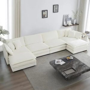 6 Seater Chenille Large U Shaped Couch, Comfy Deep Seat Couch,146“ Oversized Modular Sectional Sofa Cloud Couch for Living Room