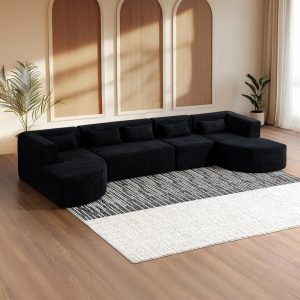 143.7" Upholstered Sofa,Deep Seat Modern Modular Sofa with 2 Movable Chaise Lounge & 5 Pillows,Free-Combined Couch for Living Ro