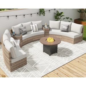 Patio Furniture Sets, 11 Piece Half-Moon Sectional Round Sofa Set, Outdoor Patio Furniture with Cushions & Wedge Table for Patio