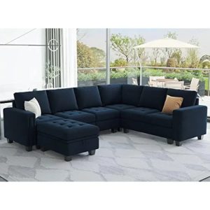 Velvet Modular Sectional Sofa with Storage Ottoman 6 Seater L Shaped Sectional Modular Sofa Couch with Reversible Chaise Blue