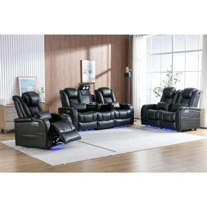 Power Recliner Sofa Set With 7 Colors Ambient Lights, Recliner Couches For Living Room Reclining Sofa With Type-C & USB Charge