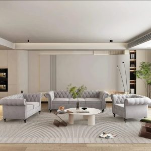Sofas, 3 Piece Living Room Set, Chesterfield Sofa Loveseat Couch Chair with Scroll Arms and Nailhead, Living Room Sofas
