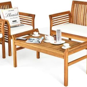 4 Piece Outdoor Acacia Wood Sofa Set with Water Resistant Cushions, Padded Patio Conversation Table Chair Set w/Coffee Table