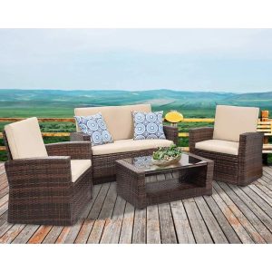 home.Patio Furniture Sets 4 Piece Rattan Chair Patio Sofas Wicker Sectional Sofa Outdoor Conversation (Brown and Tan)