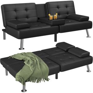 Futon Sofa Bed, Modern Folding Futon Set, Convertible Lounge Chair, Suitable for Living Room with 2 Cup Holders