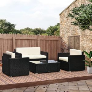 4 Piece Wicker Patio Furniture Set with Cushions, Outdoor Sectional Furnitures with 2 Sofa, Garden Furniture Sets