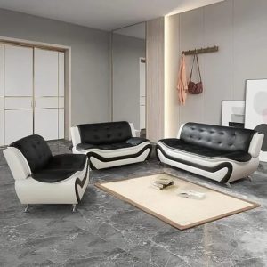 Contemporary Vegan Leather Sofa Living Room Furniture Set 3 PCS Black/White Ergonomic Design Breathable Faux Leather Upholstery