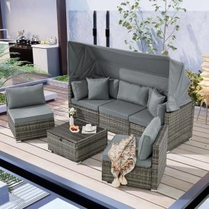6 Pieces Patio Furniture Set,Outdoor Sectional Sofa Set with Retractable Canopy,Patio Conversation Sets with Adjustable Backrest