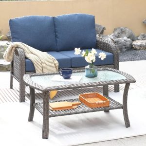2 Pieces Patio Furniture Set, Outdoor Wicker Sofa with Glass Coffee Table, All Weather High Back Rattan Loveseat Couch 2 Seats