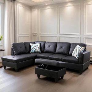Leather Sectional Couch L Shaped Couches 4 Seat Modular Sectional Sofa with Ottoman Storage