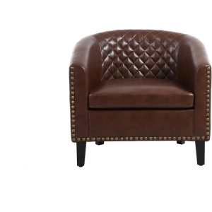 Accent PU Barrel Chair Living Room Chair, Upholstered Sofa Club Chair with Nail-Heads and Solid Wood Legs for Bedroom