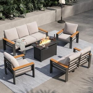 Aluminum Outdoor Patio Furniture Set, 8 Piece Outdoor Sectional Sofa with 44 Inch Propane Gas Fire Pit Table with Upholstered